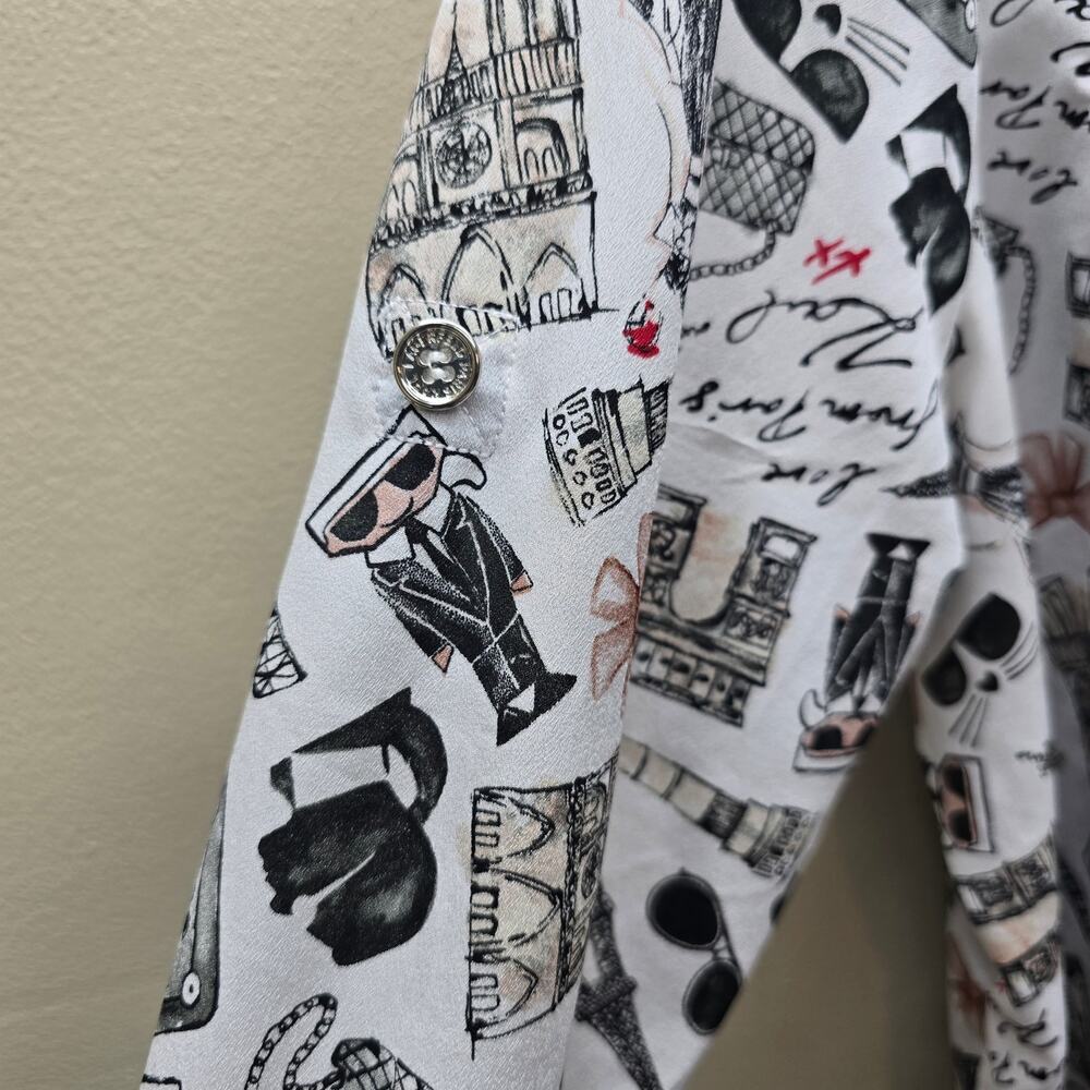Karl Lagerfeld Whimsical Button-Up Shirt Top White Black SZ XL Artsy Whimsical - Picture 5 of 9